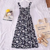 Women Sweet Girls Retros Floral Basic Sundress Summer Spaghetti Strap Mid-calf Stretchy A-line Causal Holiday