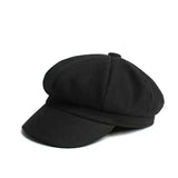 Autumn Winter Wool Beret Hat for Women Female Solid Octagonal Cap Black