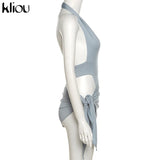 Kliou Solid Deep V sexy Two Piece Sets Midnight Club Halter Top And Skirt Backless Summer Partywear Hollow Out Ruched Women