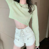 Women Solid Color Loose Crop Top Female Thin Breathable Clothing All-match High Street Cool Hip-hop Leisure Lady