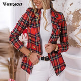 Autumn Women Checked Blazer Casual Fashion Button Cropped Long Sleeve Jacket Elegant Chic Blue Female Office Suit