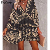 All Over Print V-Neck Fold Pleated Mini Dress 2022 Femme Casual Lace Up Back Flare Sleeve Robe Office Lady Outfits traf-Outfit