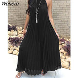 Pleated Summer Women Dress Femme Beach Dresses Off The Shoulder Bohemia Long Sexy Dress Female Vestidos-Outfit