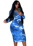 Tie Dye Print Round Neck Long Sleeve Slim Midi