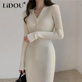 Winter Elegant Fashion V-neck Sweater Bodycon Dress Ladies Solid Simple Casual Slim Knitting Dresses Midi Robe Vestidos-Outfit