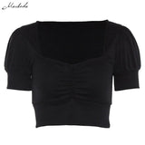 Solid Women Crop Top 2019 New V-Neck Red Black Retro Knitting Lantern Sleeve High Waist T Shirt Female Cropped
