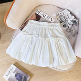 Y2K Bow White Mini Skirt for Women Cute Kawaii Pleated Fluffy Skirts Woman 2024 Summer A-Line Skirt with Shorts Female-Outfit