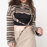 Vintage Stripe Knitting Crop Top Grunge Aesthetic 90 00s T-Shirts Hollow Out Y2k Pullovers Long Sleeve Top Streetwear-Outfit