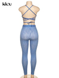 Kliou Striped Print Two Piece Set Women Sexy V-neck Bandage Backless Bra Tops+Mid Waist Stretchy Sheath Pants High Street
