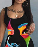 Figure Print Sleeveless U-Neck Bodycon Dress Women Spring Summer High Waist Slim Sheath Mini Dress-Outfit