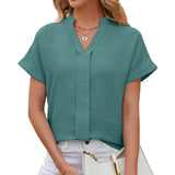 / Summer 2024 New Chiffon V-Neck Pure Color Short-Sleeved Loose Jacket Shirt-Outfit