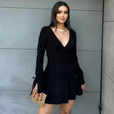 Autumn Women's New Deep V Long-Sleeved Sexy Tee Rope Dew Backpack Hip Short Dress