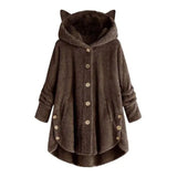 Plush Hoodies Sweatshirt Harajuku Irregular Hem Fluffy Woman Fleece Coat Kawaii Cat Ear Buttons Solid Female Teddy