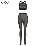 Kliou Sexy Sleeveless Cross Top And Pants Two Piece Set Women Solid Club Outfits Midnight Party Wear See Through Skinny