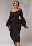 Sexy Slash Neck Puffed Long sleeve Solid Midi