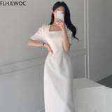 Korean Chic Summer New Style Feminine Vestidos Women Retro Gentle Wind Square Collar Solid Color Office Lady Split Long