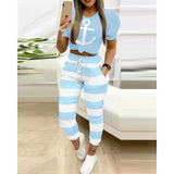 Women Fashion Casual Two-Piece Set Suits Set Female Spring Summer Clothes Short Sleeve Top &Striped Star Drawstring Pants