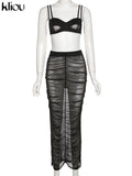 Kliou Mesh Two Piece Set Women Summer Sexy Wrapped Camisole+Bodycon See Through Pleated Skirt Maching Dress Suit Girl