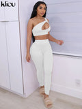 Kliou Sporty Solid Two Piece Set Women Skinny Inclined Shoulder Hole Cleavage Tank Tops+ Concise Stretchy Pants Workout