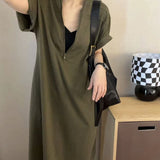 Woherb Size 300 Catties Fat Mm French Hepburn Wind Zipper Dress Female Loose Show Thin Cover Belly Casual Long Skirt 2-Outfit