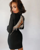 Quality Red Black Sexy Fashion Sparkly Backless Diamonds Tassel Rayon Bandage Dress Cocktail Party Dress