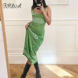 2021 Print Knit Bodycon Dress Women Green Y2K Summer Hollow Out Sexy Sleeveless Spaghetti Strap Beach Midi Dresses