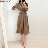 New Design Japan Style Women Chic Korea Basic Wear Casual Robe Solid Cotton Blend Vintage Long Maxi Shirt Dress Belt