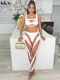 Kliou Mesh Patchwork Two Piece Set Women Skinny Hole Sleeveless Vest+Mid Waist See Through Leggings High Street Attirewear