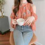 Off Shoulder Chic Tops Flare Sleeve Cute Sweet Girls Women Flhjlwoc Japanese Korea Style Floral Hollow Out Ruffled Top