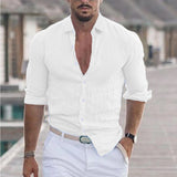 New Men's Summer Cotton-Blind Beach Shirt Long Sleeves Solid Hawaiian Holiday
