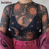 Sun Moon Print Transparent T Shirts Women Sexy See Through Long Sleeve 2019 Spring Hot Selling Clothing Stars Tops