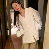 Elegant White V Neck Blouse for Women 2024 Spring Summer Long Sleeve Loose Shirt Woman Oversized Single-Breasted Shirts-Outfit