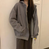 Zip Up Sweatshirt Casual Oversized Hooded Korean Style Hoodies Harajuku Solid Loose Long Sleeve Lady Jacket Large