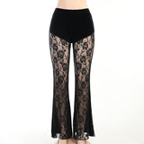 Gothic Black Lace Mesh Flared Pants Sexy Haraiuku Aesthetic See Through Long Trousers Vintage Women Summer Pants Streetwear-Outfit