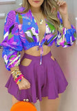 Sweet V-neck Puff Sleeve Crop Plaid Print Hollow Out Loose Two Piece Shorts