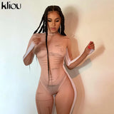 Kliou Sexy Mesh Jumpsuit Women Geometric Letter Print See Through Sheath Slim Overall Long Sleeve Turtleneck Party