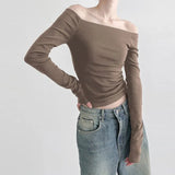 Woherb Wind Foundation Simple Solid Color One Word Collar Off-Shoulder Bottom T-Shirt 2023 New Temperament Age Reduction Slim Jacket-Outfit