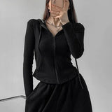 Street Style Zipper Up Slim Crop Tops Women Autumn New Thin Hooded Jacket Woman Korean Pocket Long Sleeve Shirt Mujer-Outfit