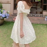 Dresses Women Floral Ruffles Square Collar Puff Sleeves High Waist Summer Casual Mini Korean Style Ulzzang Soft Daisy