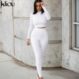Kliou fashion tracksuit women turtleneck full sleeveless crop top+leggings matching set stretchy sporty fitness casual