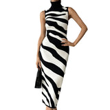 High-Neckless Sleeveless Striped Bag-Butyle Slimmed Sexy Knitted Dress