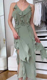 Solid Women's Irregular Hem Suspender Dress Sexy V-necked Off Back Sleeveless Midi Robe 2023 Summer Lady Prom Chic Vestido-Outfit