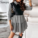 Sexy Women Black Brown Leather Patchwork Long Sleeve Mini Blouse Dress Autumn 2020 White Plaid Ruffles Party Club