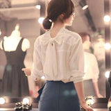 Spring Korean Style Tops Wome Long Sleeve Back Bow V-neck Chic Sweet Shirts Solid White Chiffon Blouse Blusas Femme
