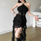 Woherb Summer Women's Solid Color Slim High-Waist Street Fashion Hanging Neck Show Back Dress-Outfit