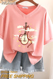 100% Cotton M-6XL T Shirt Chinese Lute Print Tshirt Short Sleeve Women's Top Summer Couple V Neck Oversized T Shirts-Outfit