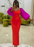 Contrast Color Sweetheart Puff Sleeves Mature Evening