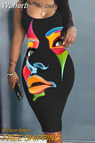 Figure Print Sleeveless U-Neck Bodycon Dress Women Spring Summer High Waist Slim Sheath Mini Dress-Outfit