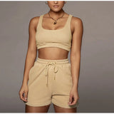 Solid Sportswear Two Piece Sets Women 2021 Crop Top And Drawstring Shorts Matching Set Summer Athleisure