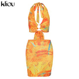 Kliou Tie Dry Two Piece Set Women 2021 Sexy Halter Sequined Beachwear Cleavage Crop Top+Mini Skirt Suit Female платье
